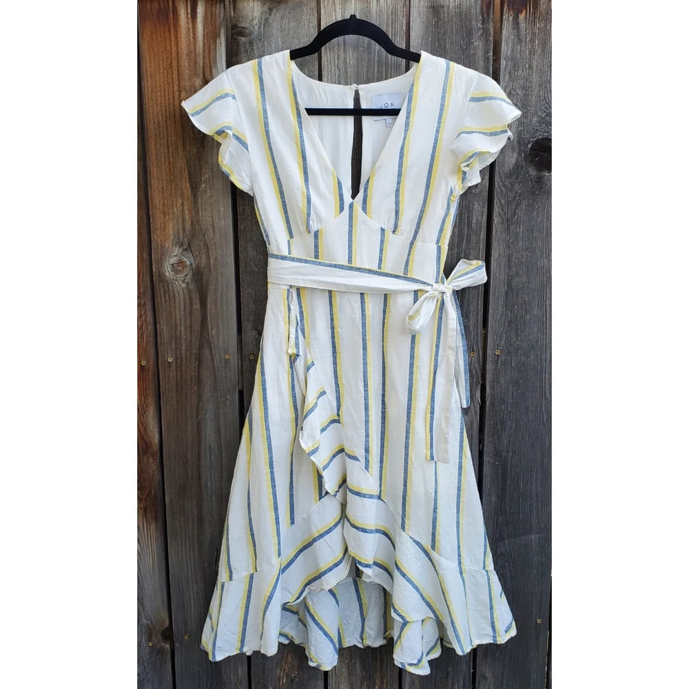 J.O.A Striped Ruffle Faux Wrap Midi Dress - Picture 2 of 8